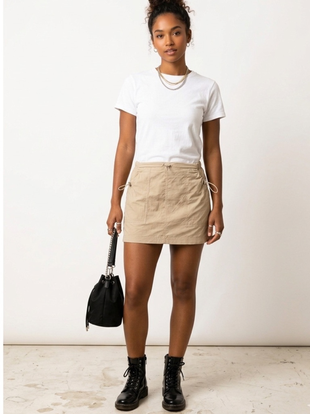 Cotton Candy LA Cargo Mini Skirt Beige Drawstring Utility Tech S